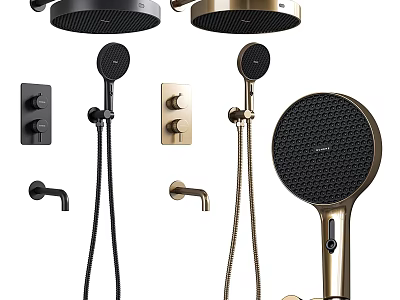 Modern Black And Gold Shower Systems With Rainfall Head Handheld Sprayer And Control Knobs 3d model