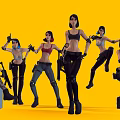 Women in Combat Outfits Holding Weapons Multiple Animated Characters with Diverse Poses on Yellow Background