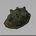 Ancient Bronze Turtle Shaped Artifact With Perforated Design And Gold Accents
