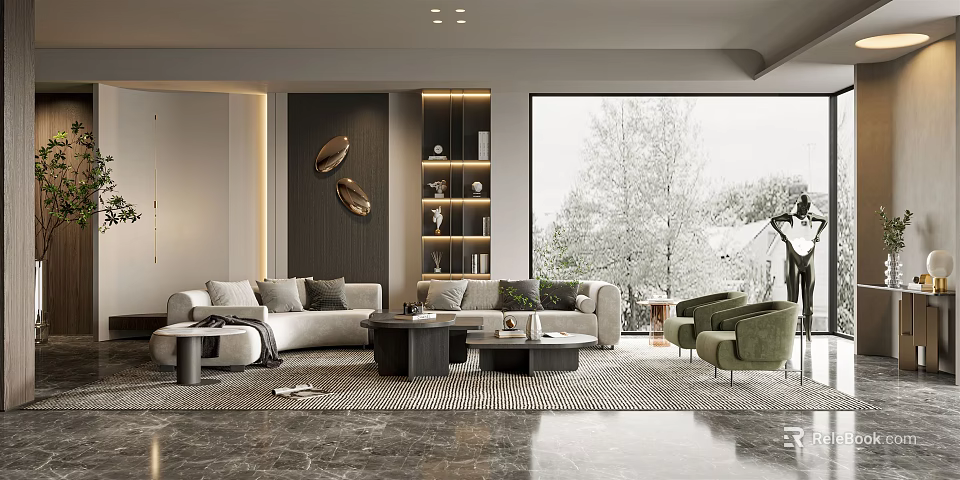 Modern Living Room Interior With Sofa Coffee Tables Green Chairs Bookshelf And Snowy View 3d model 