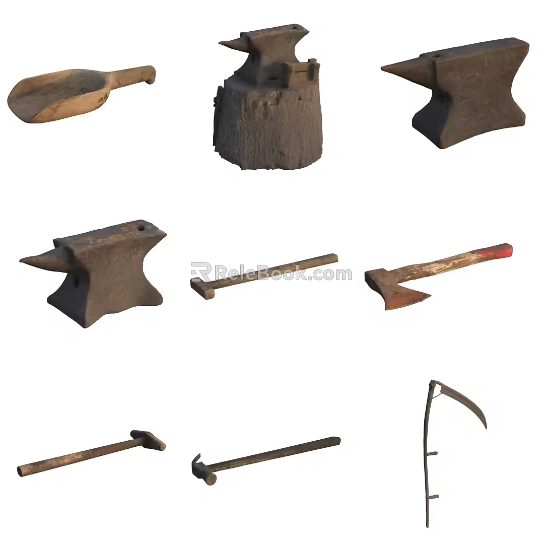 Farm Tools Axe Pickaxe Water Dipper Hammer Sickle 3d model
