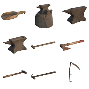 Farm Tools Axe Pickaxe Water Dipper Hammer Sickle 3d model