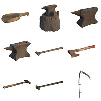 Farm Tools Axe Pickaxe Water Dipper Hammer Sickle 3d model