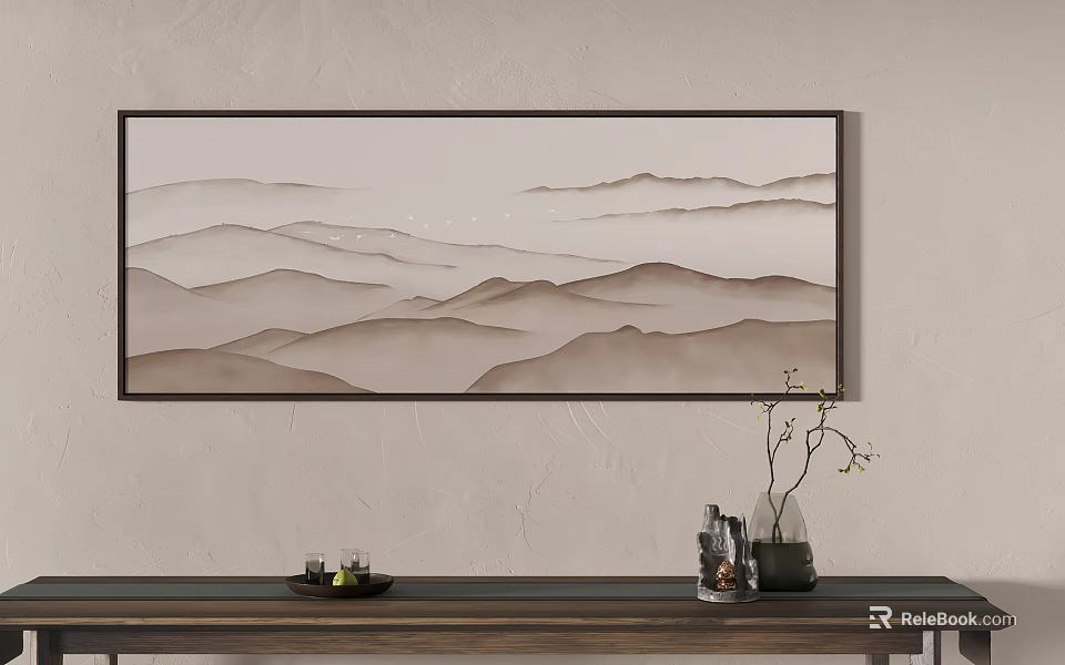 Layered Mountains Landscape Painting On Beige Wall With Dark Wooden Table And Vase Decor 3d model 