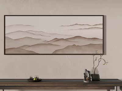 Layered Mountains Landscape Painting On Beige Wall With Dark Wooden Table And Vase Decor 3d model