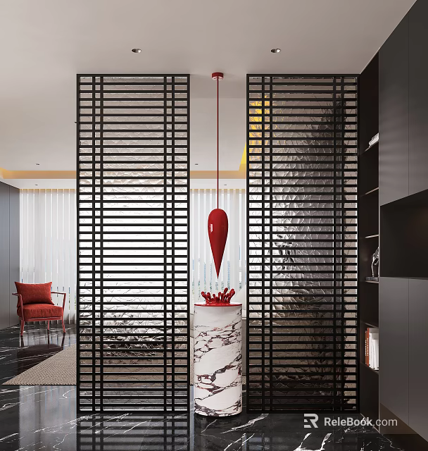 Modern Entryway Interior Design With Black Slatted Screens Red Pendant Light And Marble Console Table 3d model 