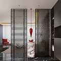 Modern Entryway Interior Design With Black Slatted Screens Red Pendant Light And Marble Console Table