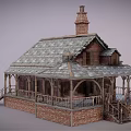 Cartoon Scene Charming Brick House With Wooden Frame Chimney Porch And Stairs