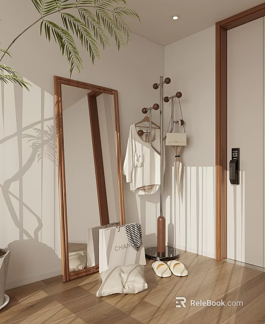 Stylish Entryway Hallway Interior With Large Wooden Mirror Coat Rack Hanging Clothes And Natural Light 3d model 