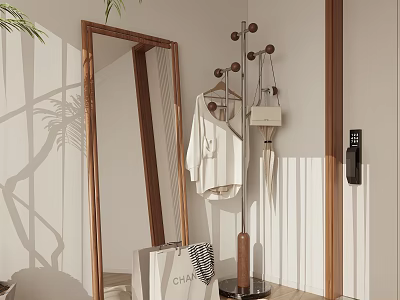 Stylish Entryway Hallway Interior With Large Wooden Mirror Coat Rack Hanging Clothes And Natural Light 3d model