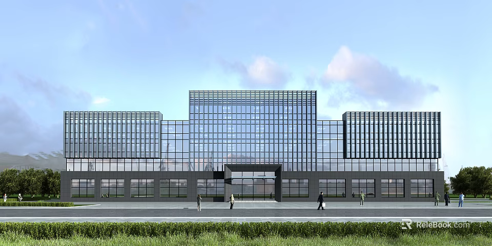 Modern Office Building Exterior With Glass Curtain Wall Main Entrance Grass Area And Pedestrians Walking 3d model 