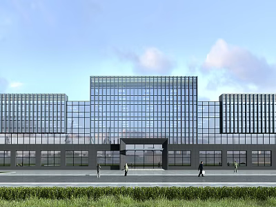 Modern Office Building Exterior With Glass Curtain Wall Main Entrance Grass Area And Pedestrians Walking 3d model