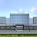 Modern Office Building Exterior With Glass Curtain Wall Main Entrance Grass Area And Pedestrians Walking