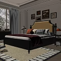 Double Bed with Yellow Upholstered Headboard Black Frame Red Blanket Pillows Nightstand Table Lamp Wall Art