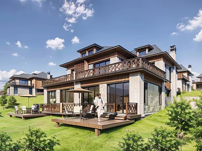 Semi Detached Villa Modern Exterior Design With Large Windows Wooden Deck Lawn And Greenery 3d model