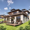 Semi Detached Villa Modern Exterior Design With Large Windows Wooden Deck Lawn And Greenery