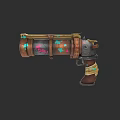 Game Movie Character Steampunk Style Gun With Wooden Metal Structure And Colorful Patterns
