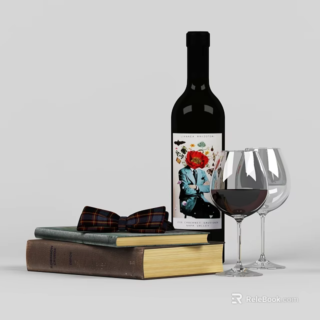 Wine Bottle With Colorful Label And Red Wine Glasses On Stacked Books With Bow Tie 3d model 