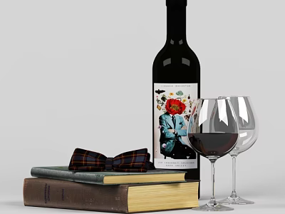 Wine Bottle With Colorful Label And Red Wine Glasses On Stacked Books With Bow Tie 3d model