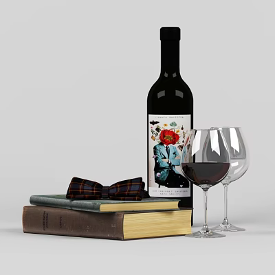 Wine Bottle With Colorful Label And Red Wine Glasses On Stacked Books With Bow Tie 3d model