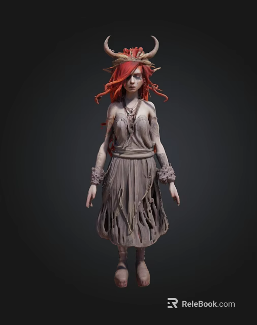 Mystical Fantasy Character With Red Hair Horns And Tattered Dress 3d model 
