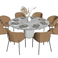 Round Dining Table Set With White Tabletop Six Beige Chairs Tableware And Vase Plants 3d model