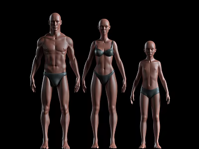 Three People 3D Character Models Wearing Swimwear Standing on Black Background 3d model