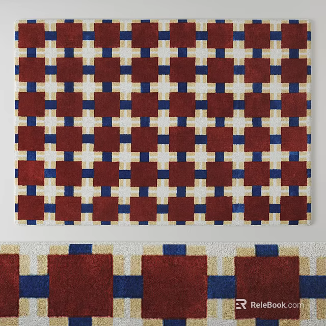 Square Carpet With Red Blue Beige Geometric Grid Pattern For Home Decor 3d model