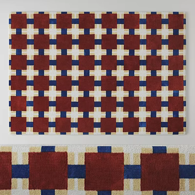 Square Carpet With Red Blue Beige Geometric Grid Pattern For Home Decor 3d model
