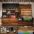 Wooden Café Reception Counter With Bread Display Beverages And Coffee Machine