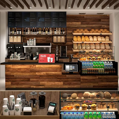 Wooden Café Reception Counter With Bread Display Beverages And Coffee Machine 3d model