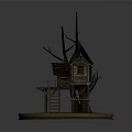 Elevated Wooden Tree House Structure With Ladder Platform Thatched Roof And Grass Base