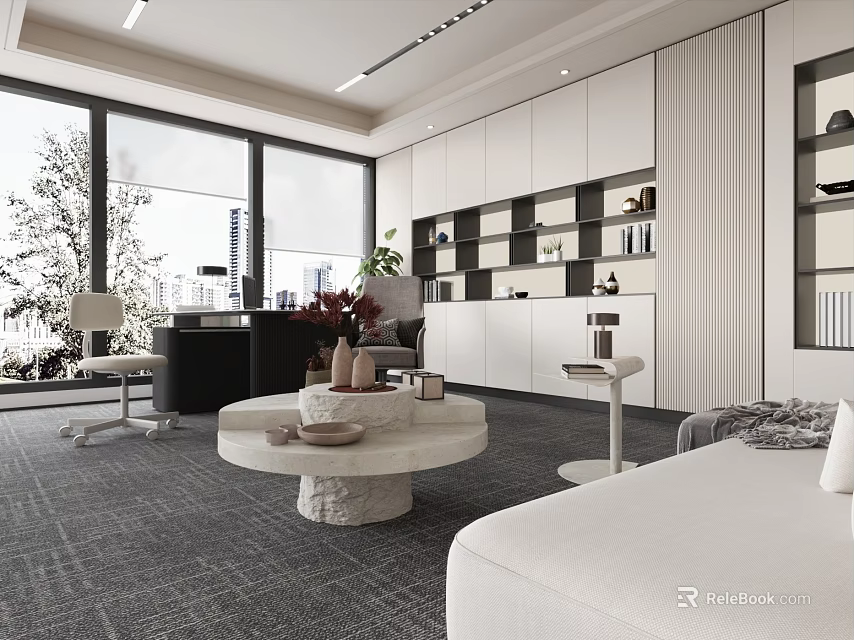 Modern Office Interior With Large Windows Trees Outside Desk Sofa Round Coffee Table And Bookshelves 3d model 