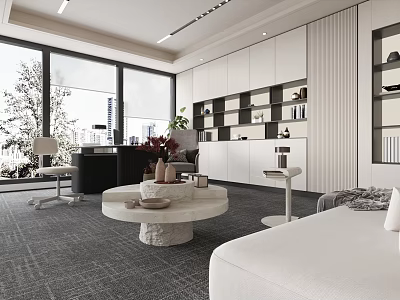 Modern Office Interior With Large Windows Trees Outside Desk Sofa Round Coffee Table And Bookshelves 3d model