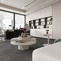 Modern Office Interior With Large Windows Trees Outside Desk Sofa Round Coffee Table And Bookshelves