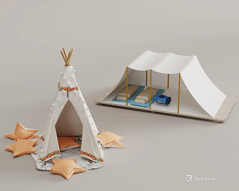 Tipi Tent And White Canopy Tent With Frames For Outdoor Camping Decor With Star Ornaments 3d model 