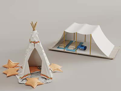 Tipi Tent And White Canopy Tent With Frames For Outdoor Camping Decor With Star Ornaments 3d model