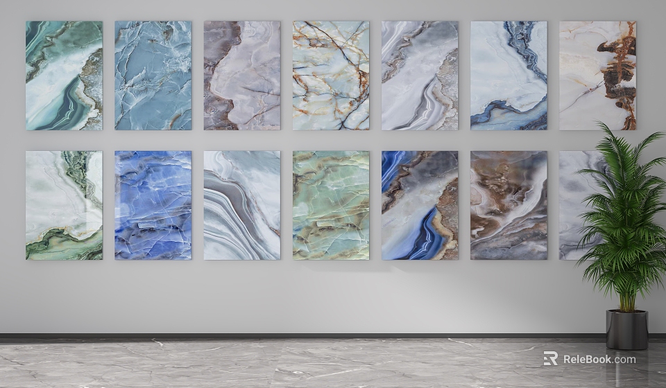 Modern Wall Decor With Diverse Colorful Marble Textured Artworks Arranged 3d model 
