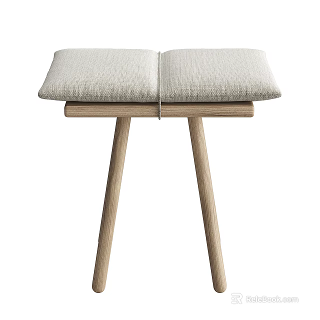 Modern Minimalist Stool With Double Light Beige Padded Seats And Wooden Legs 3d model 