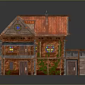 Charming Log Cabin With Red Roof Stained Glass Windows Balcony Staircase And Vines On Walls