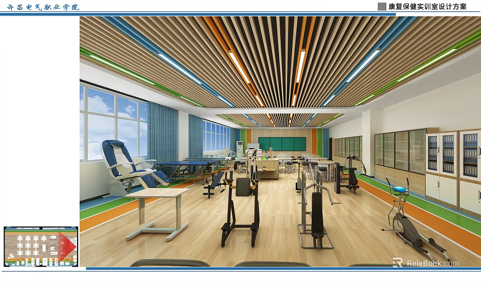 School Gymnasium Interior With Fitness Equipment Wooden Floors Large Windows And Colorful Strips 3d model 
