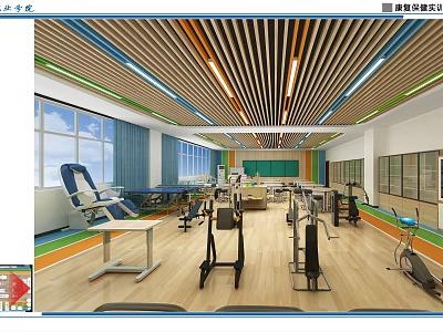 School Gymnasium Interior With Fitness Equipment Wooden Floors Large Windows And Colorful Strips 3d model