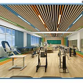 School Gymnasium Interior With Fitness Equipment Wooden Floors Large Windows And Colorful Strips