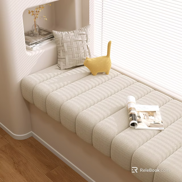 Cozy Beige Cushioned Window Seat with Geometric Pillow Yellow Cat Plush White Blinds Wood Floor 3d model 
