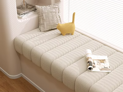 Cozy Beige Cushioned Window Seat with Geometric Pillow Yellow Cat Plush White Blinds Wood Floor 3d model