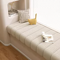 Cozy Beige Cushioned Window Seat with Geometric Pillow Yellow Cat Plush White Blinds Wood Floor