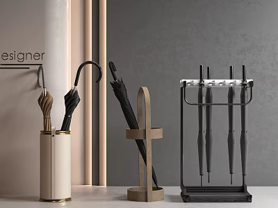Modern Style Umbrella Display Racks With Beige Fabric Wooden Black Metal Frames And Umbrellas 3d model