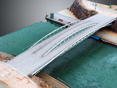 Pedestrian Bridge Over Water With Metal Frame And Stone Embankment Walkway 3d model