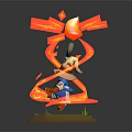 Wizard in White Hat Blue Outfit Casting Fire with Flaming Staff Surrounded by Fire Swirls