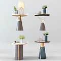 Modern Round Side Tables With Wooden Metal Frame And Decorative Vases Plants